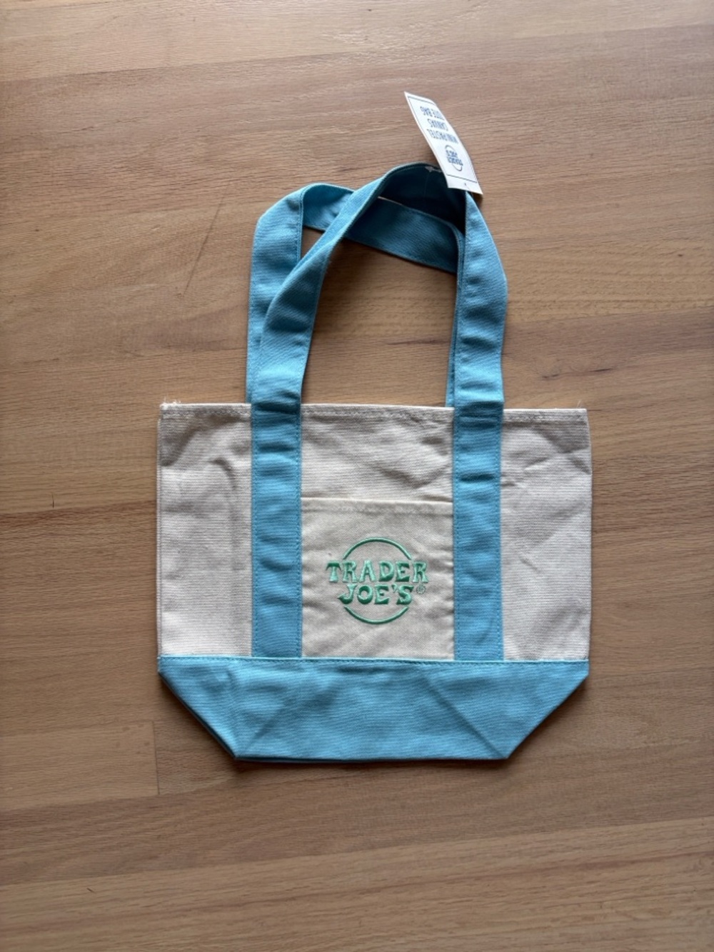 Trader Joe’s mini Canvas Tote Bag in Natural & Light Blue